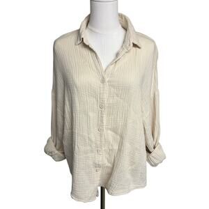 Womens Muslin Cream Button Down Shirt Size M Lightweight Summer Beach
